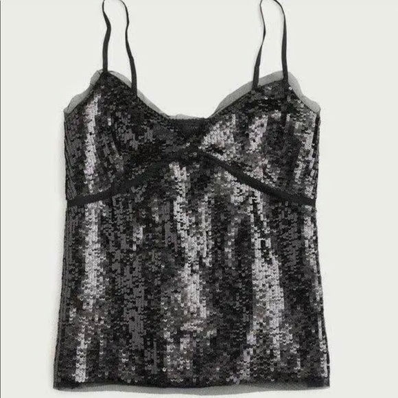 J Crew New With Tags Size L black sequin cami with tulle trim. - Picture 1 of 9